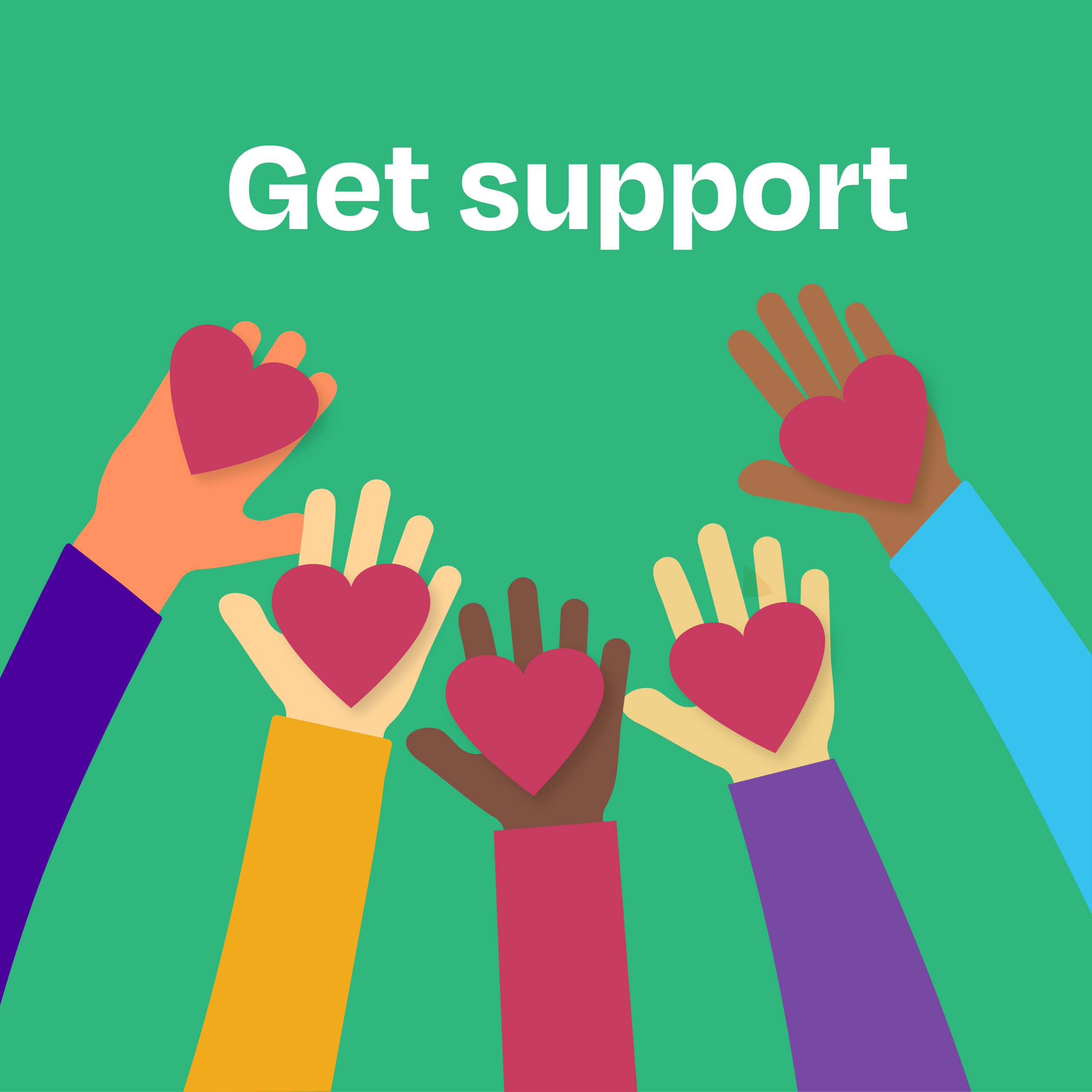 Get support: Illustration of hands holding hearts
