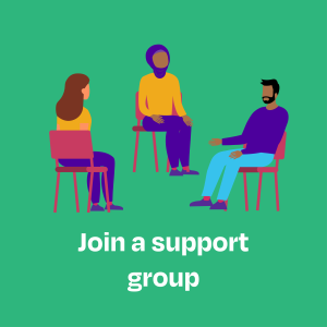 Join a support group: Illustration of three people sitting in chairs talking to one another