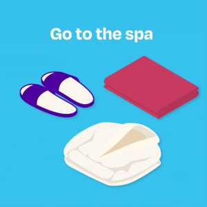 Go to the spa: Illustration of slippers, a towel, and a bath robe